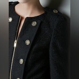 A701 ZARA RARE BLACK SCROLL JACQUARD EMBROIDERED PLEATED JACKET COAT BLAZER Sz L